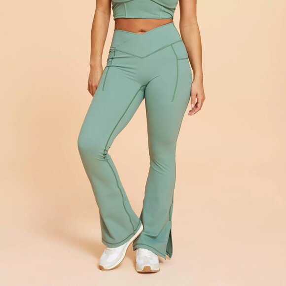 Blogilates Crisscross High-Rise Flared Leggings, Olive Green, L - Picture 2 of 6